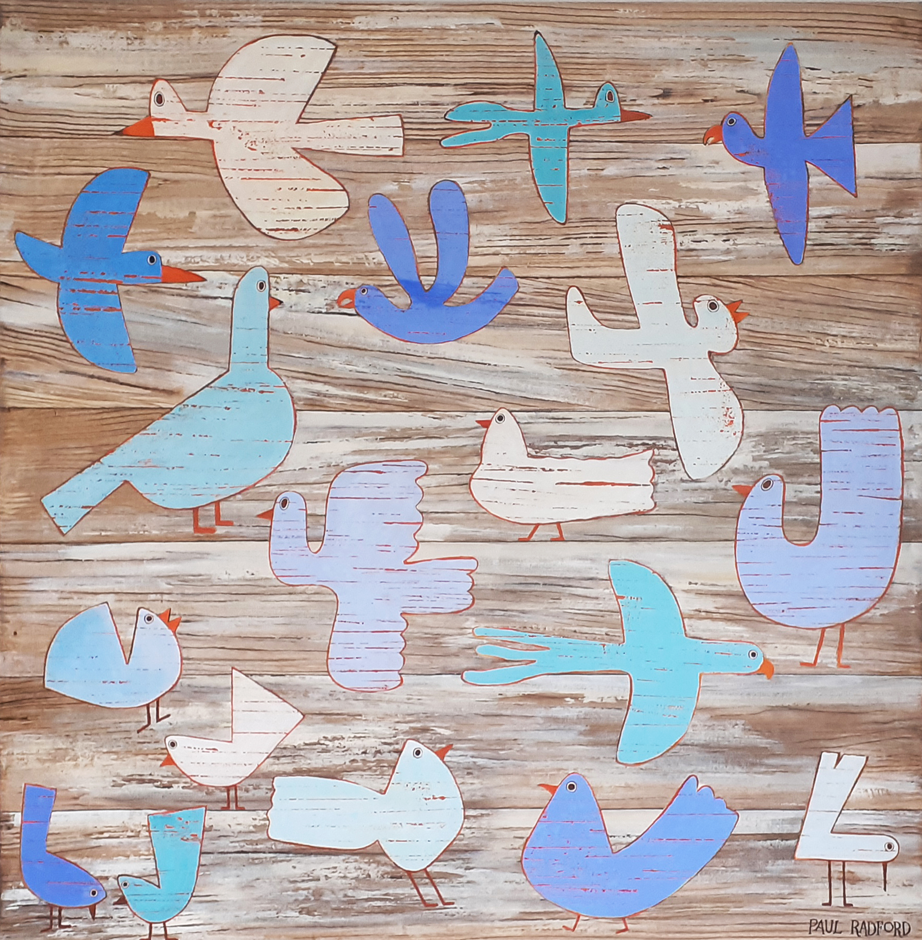 a square painting of bird figures in blue